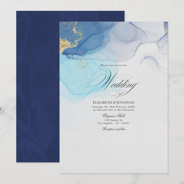 Convite de Casamento com Tinta Alcoólica Azul e Do (Frente/Verso)