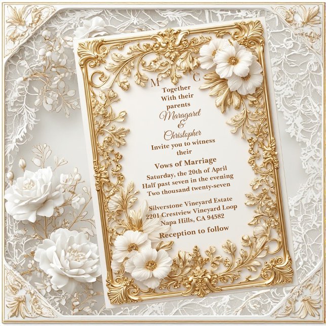 Convite de Casamento com Tulipas Brancas e Ouro em (White Tulips Gold Ornate Baroque Grandeur Wedding Invitation)