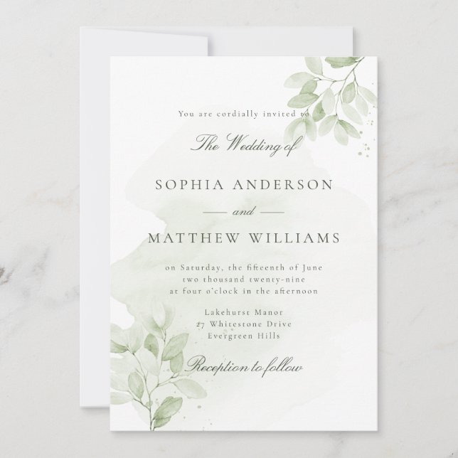Convite de Casamento com Vegetação em Aquarela (Frente)
