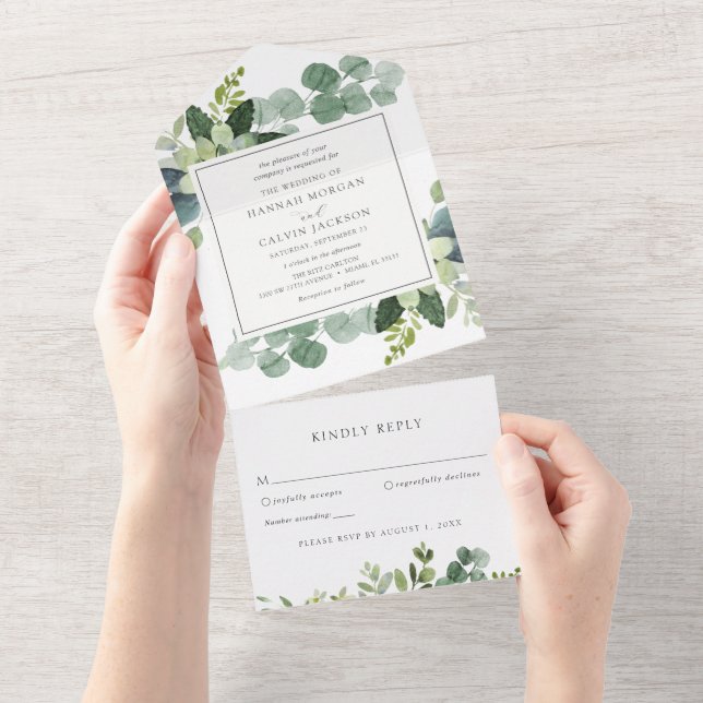 Convite de Casamento com Verde de Eucalipto Tudo e (Aba destacável)