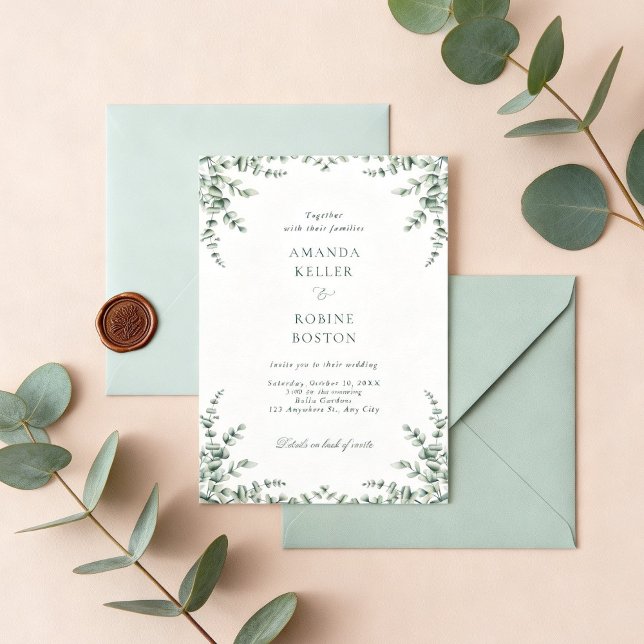 Convite de Casamento com Verde Folhagem de Eucalip (Criador carregado)