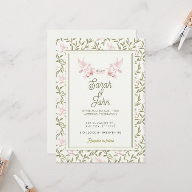 Convite de Casamento com Videira Oliva e Pombo Ros (Frente/Verso In Situ)