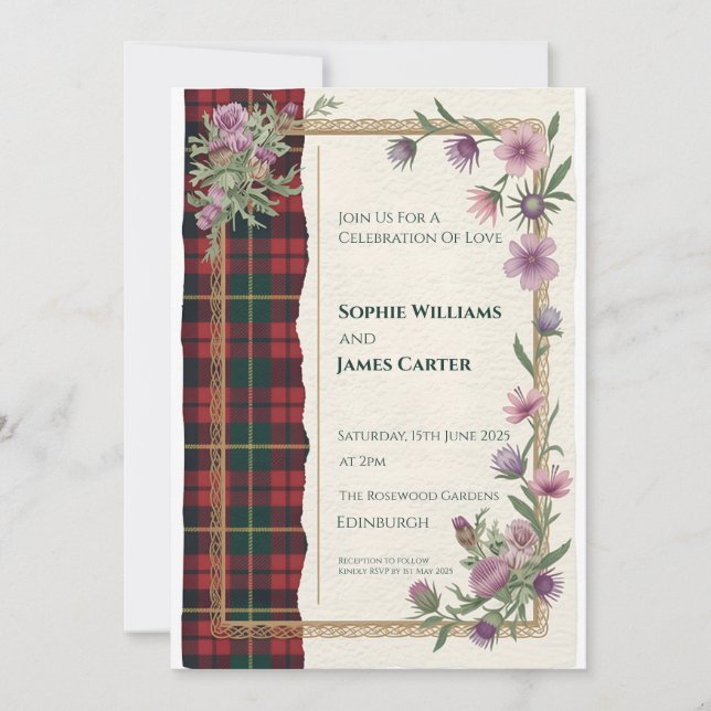 Convite de Casamento com Xadrez Celta Cardo Escocê (Frente)