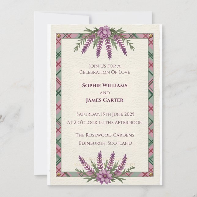 Convite de Casamento com Xadrez Celta Cardo Escocê (Frente)