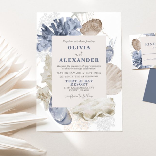 Convite de casamento concha marinha azul praia cos (Criador carregado)