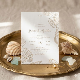 Convite de Casamento Conchas Douradas e Branco Cos