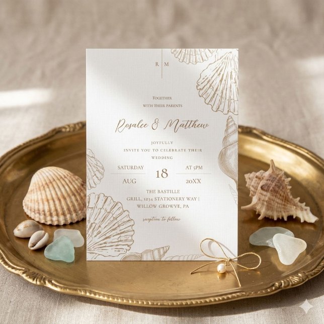 Convite de Casamento Conchas Douradas e Branco Cos (Criador carregado)