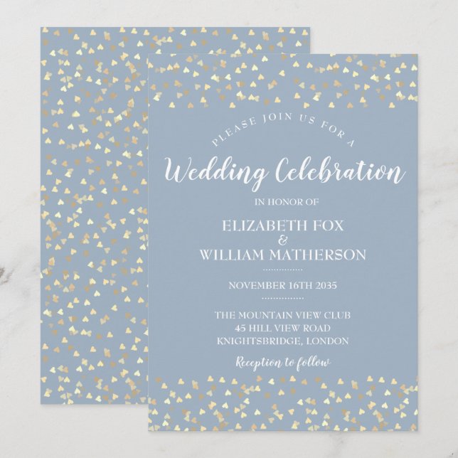 Convite de Casamento Confetes de Coração Azul Empo (Frente/Verso)