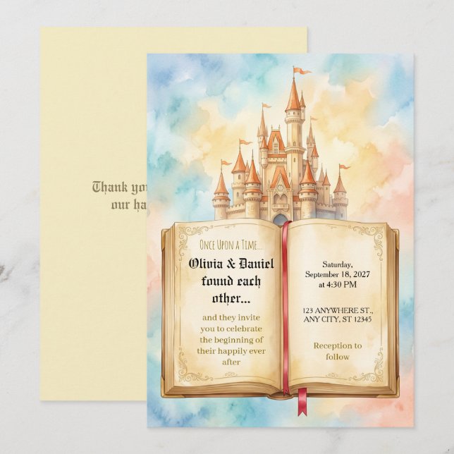 Convite de Casamento Conto de Fadas Castelo Pastel (Frente/Verso)