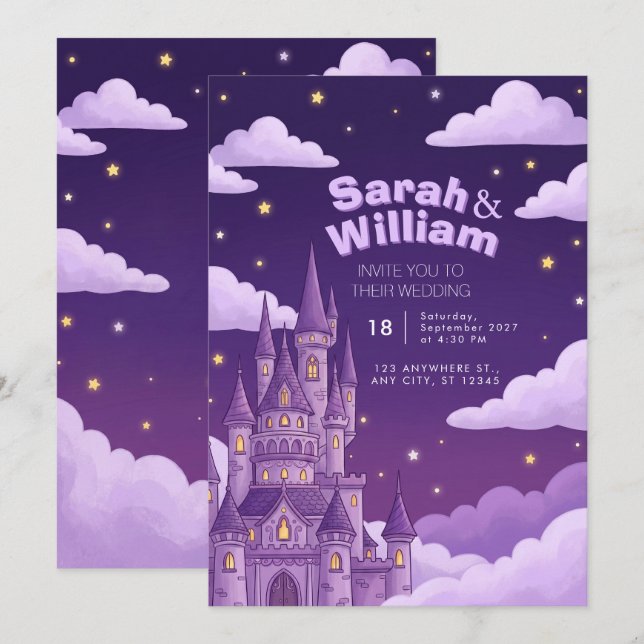 Convite de Casamento Conto de Fadas Castelo Roxo (Frente/Verso)