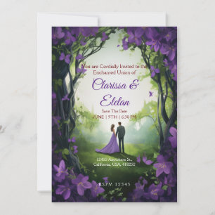 Convite de casamento contos de fadas florais roxos