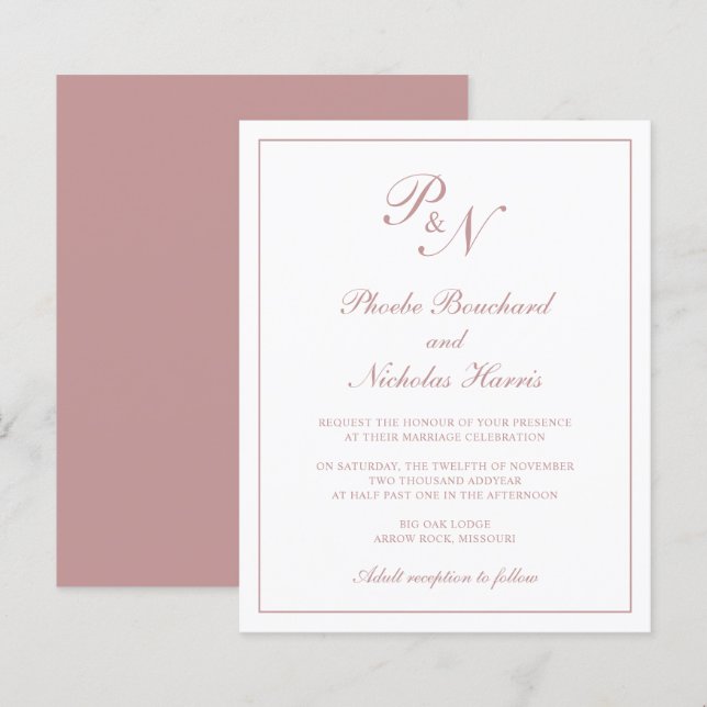 Convite de Casamento Cor-de-Rosa Clássico Elegante (Frente/Verso)