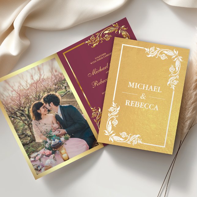 Convite De Casamento Cor-de-Rosa Foto Floral Gold  (Criador carregado)