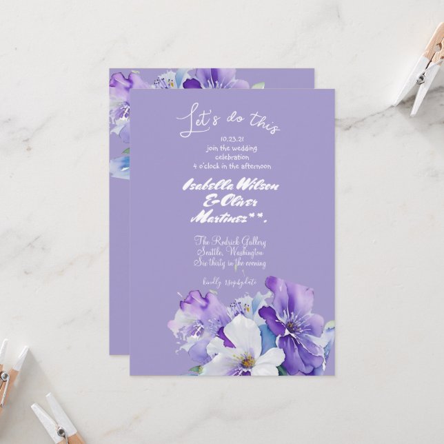 convite de casamento cor lavanda floral (Frente/Verso In Situ)