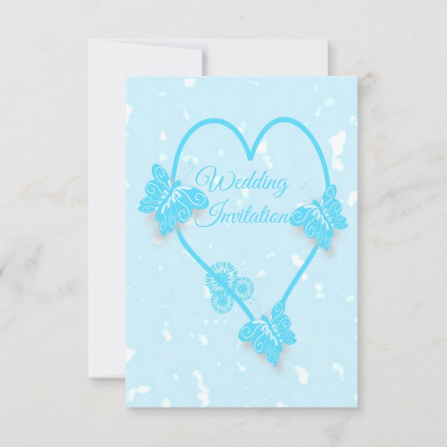 Convite De Casamento Coração Azul E Borboletas (Frente)