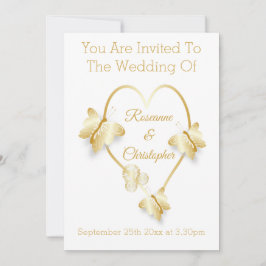 Convite de Casamento Coração Borboleta Dourado