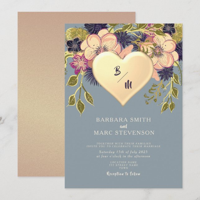 Convite de Casamento Coração Floral Rústico Dourad (Frente/Verso)
