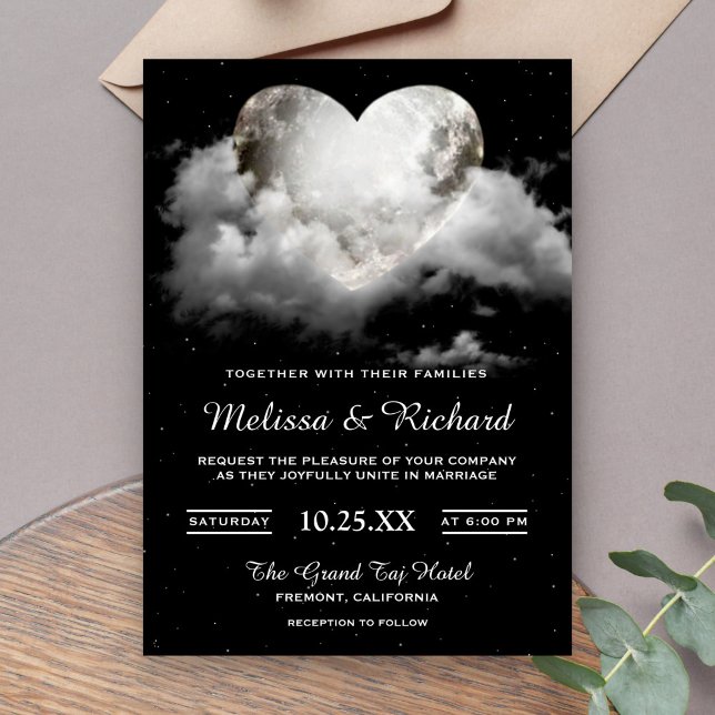 Convite de Casamento Coração Lua Céu Romântico (Criador carregado)