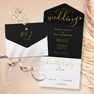 Convite de Casamento Coração Preto e Dourado Monog