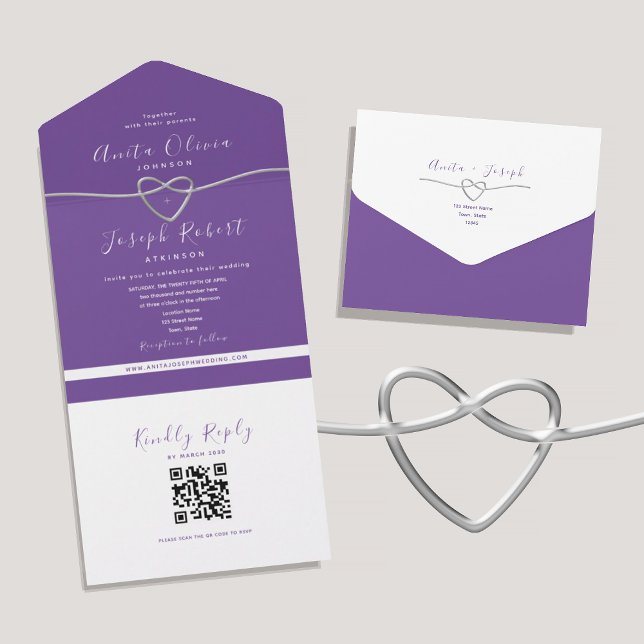 Convite de Casamento Coração Roxo Prata QR Code (Criador carregado)