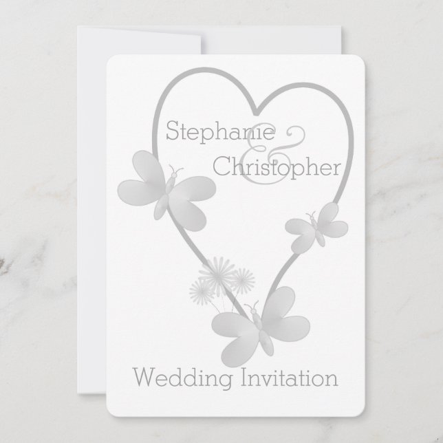 Convite De Casamento Coração Silver E Borboletas (Frente)