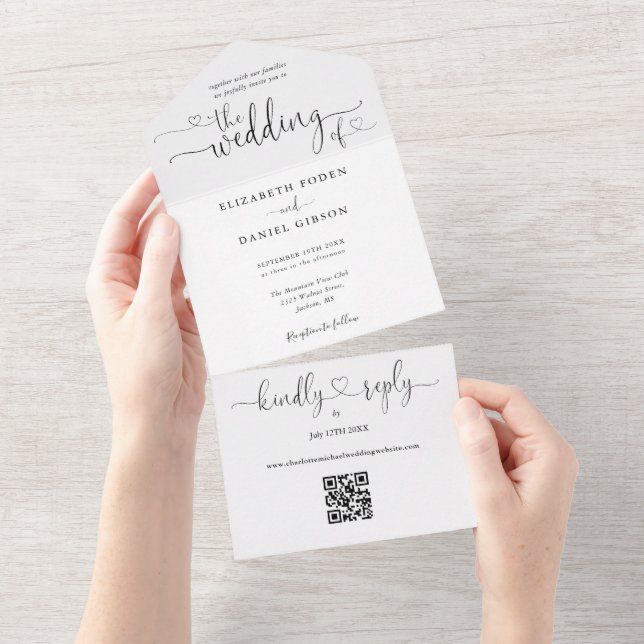 Convite de Casamento Corações Script Preto e Branc (Tearaway)