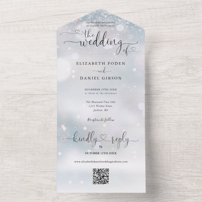 Convite de Casamento Corações Script QR Code Floco (Inside)