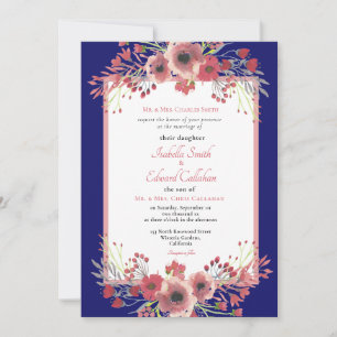 Convite de Casamento Coral Moderno Peônia Naval Co
