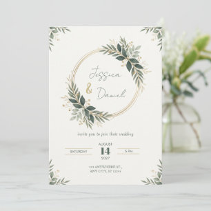 Convite de Casamento Coroa Botânica Dourada Sage