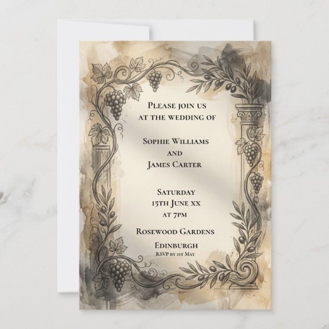 Convite de Casamento Coroa Botânica Sépia (Frente)