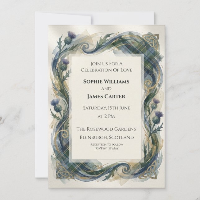 Convite de Casamento Coroa de Cardo Céltico Azul (Frente)