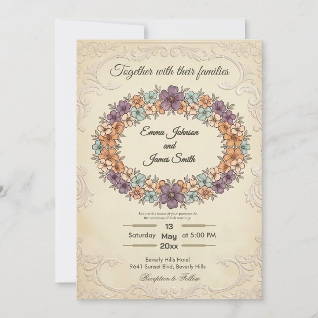 Convite de Casamento Coroa Floral Creme (Frente)