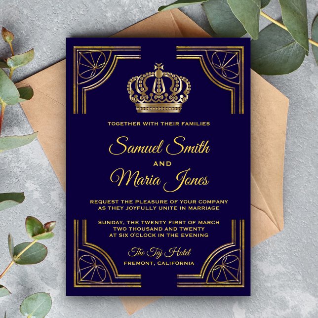 Convite de Casamento Coroa Ornata Azul Elegante em (Criador carregado)