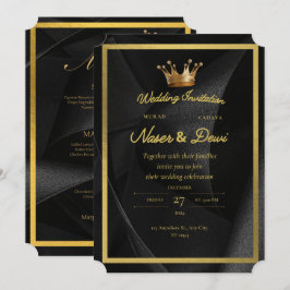 Convite de Casamento Coroa Preta e Dourada de Luxo