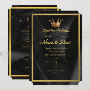Convite de Casamento Coroa Preta e Dourada de Luxo