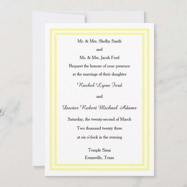Convite de Casamento - Corte Duplo Amarelo Suave - (Frente)
