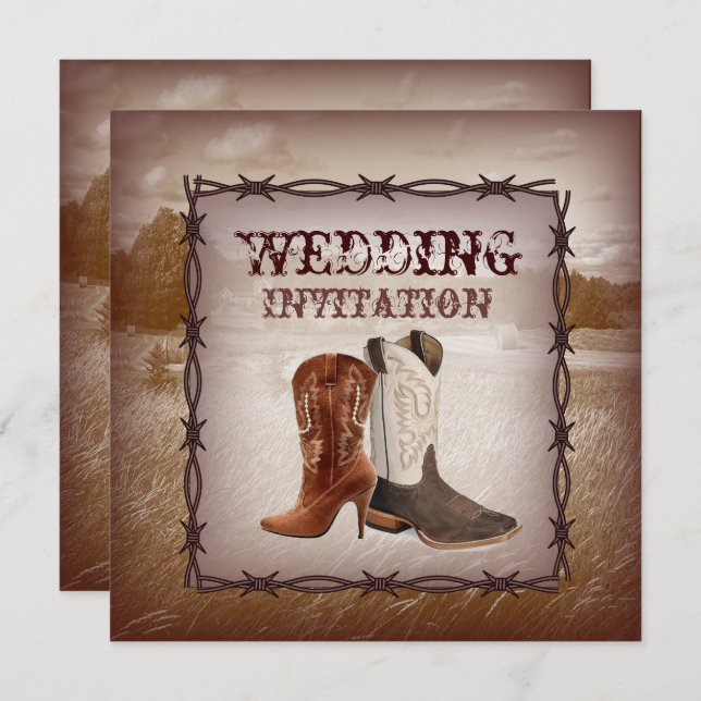 Convite de Casamento Country Western Botas de Cowb (Frente/Verso)