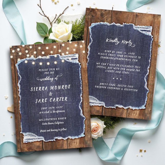 Convite de Casamento Cowboy País Luzes de Jeans Rú (cowboy wedding invitation rsvp details country chic denim rustic barn lights backyard outdoors)