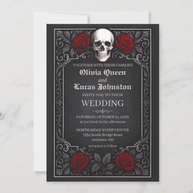Convite de Casamento Crânio & Rosas Elegante Gótic (Frente)