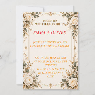 Convite de Casamento Cream & Gold Vintage Rose