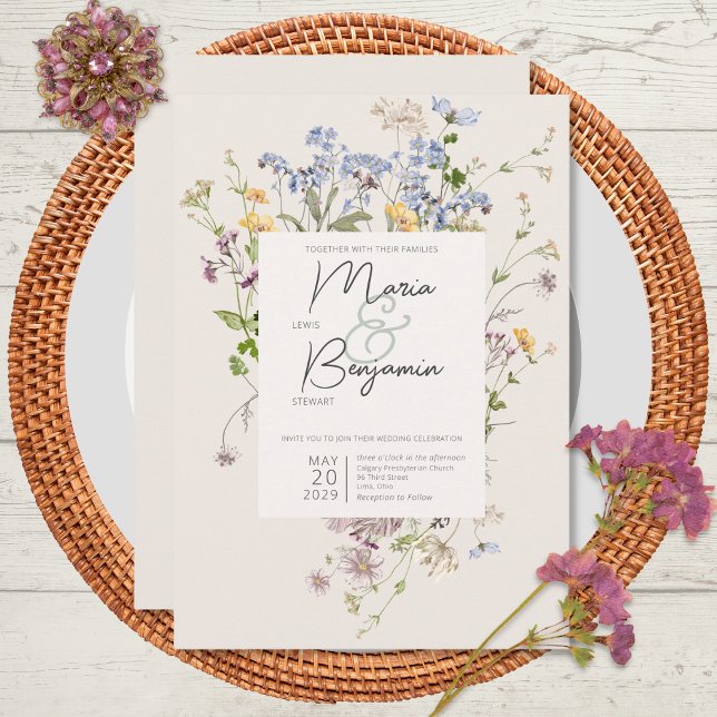 Convite de Casamento Creme de Flores Silvestres Bo (Criador carregado)