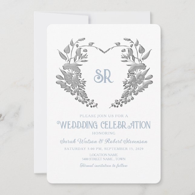 Convite de Casamento Crest Monograma Azul Poeira (Frente)