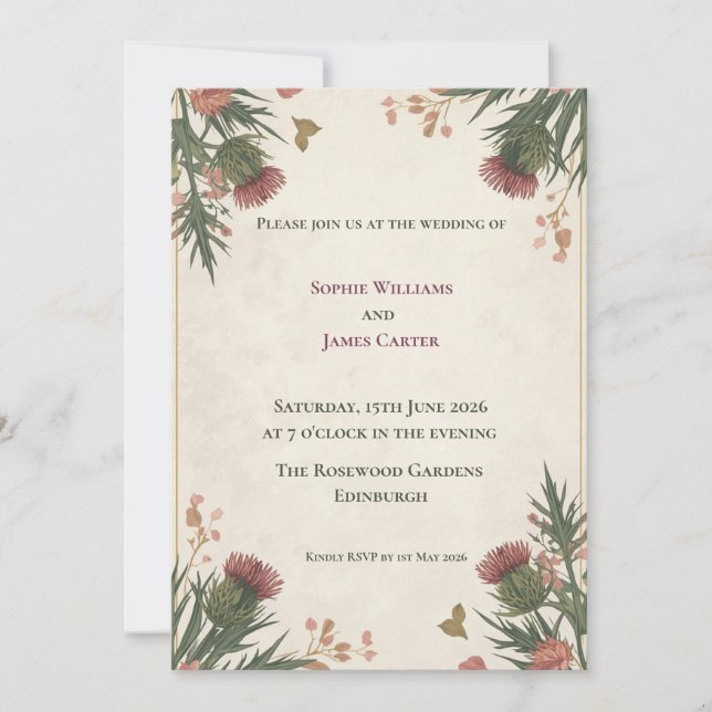 Convite de Casamento Crimson Thistle Botanical Cor (Frente)