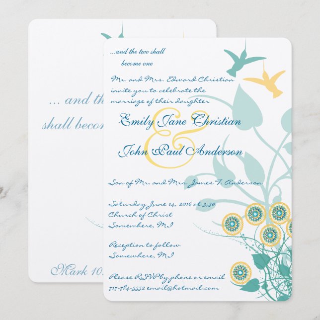 Convite de Casamento Cristão Beija-Flor Flores (Frente/Verso)