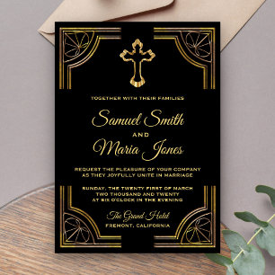 Convite de Casamento Cristão Cruz de Ouro Elegante