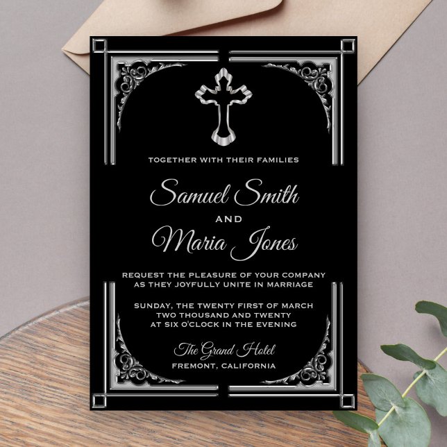 Convite de Casamento Cristão Cruz Prata Elegante (Criador carregado)