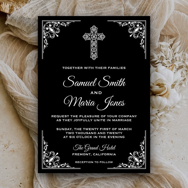 Convite de Casamento Cristão Cruz Preto e Branco (Criador carregado)
