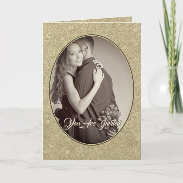 Convite de Casamento Cristão Damask Creme/Castanho (Frente)
