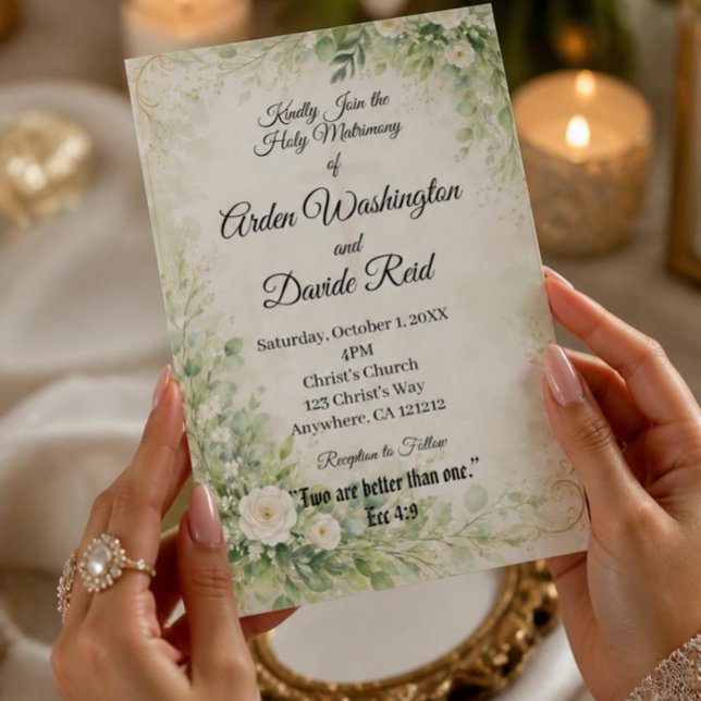 Convite de Casamento Cristão Floral Verde Salvia (AI Generated Hands Holding Card)