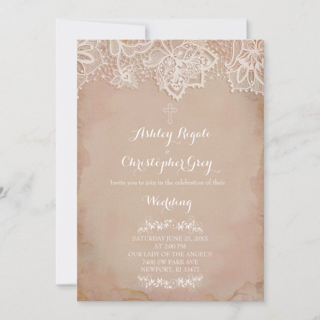 Convite de Casamento Cristão Rosa Vintage (Frente)